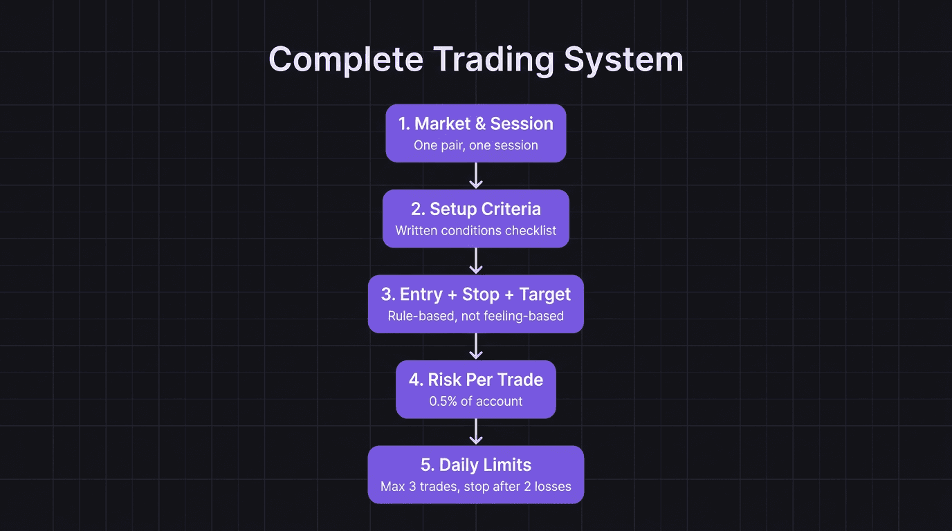 Flowchart showing five components of a complete trading system from market selection to daily limits