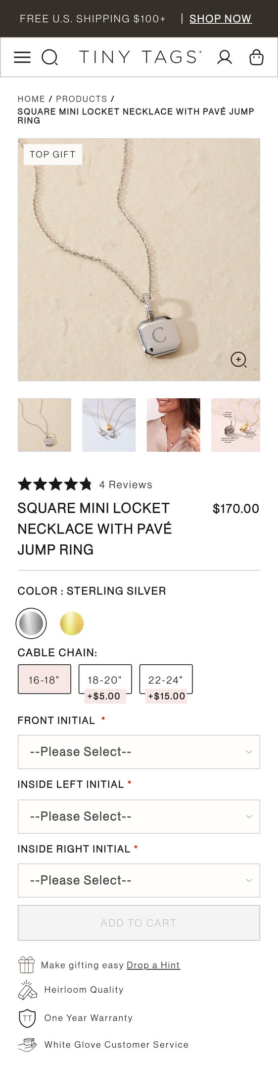 Jewelry product options include: ring, necklace for Square Mini Locket Necklace with Pavé Jump Ring from Tiny Tags.