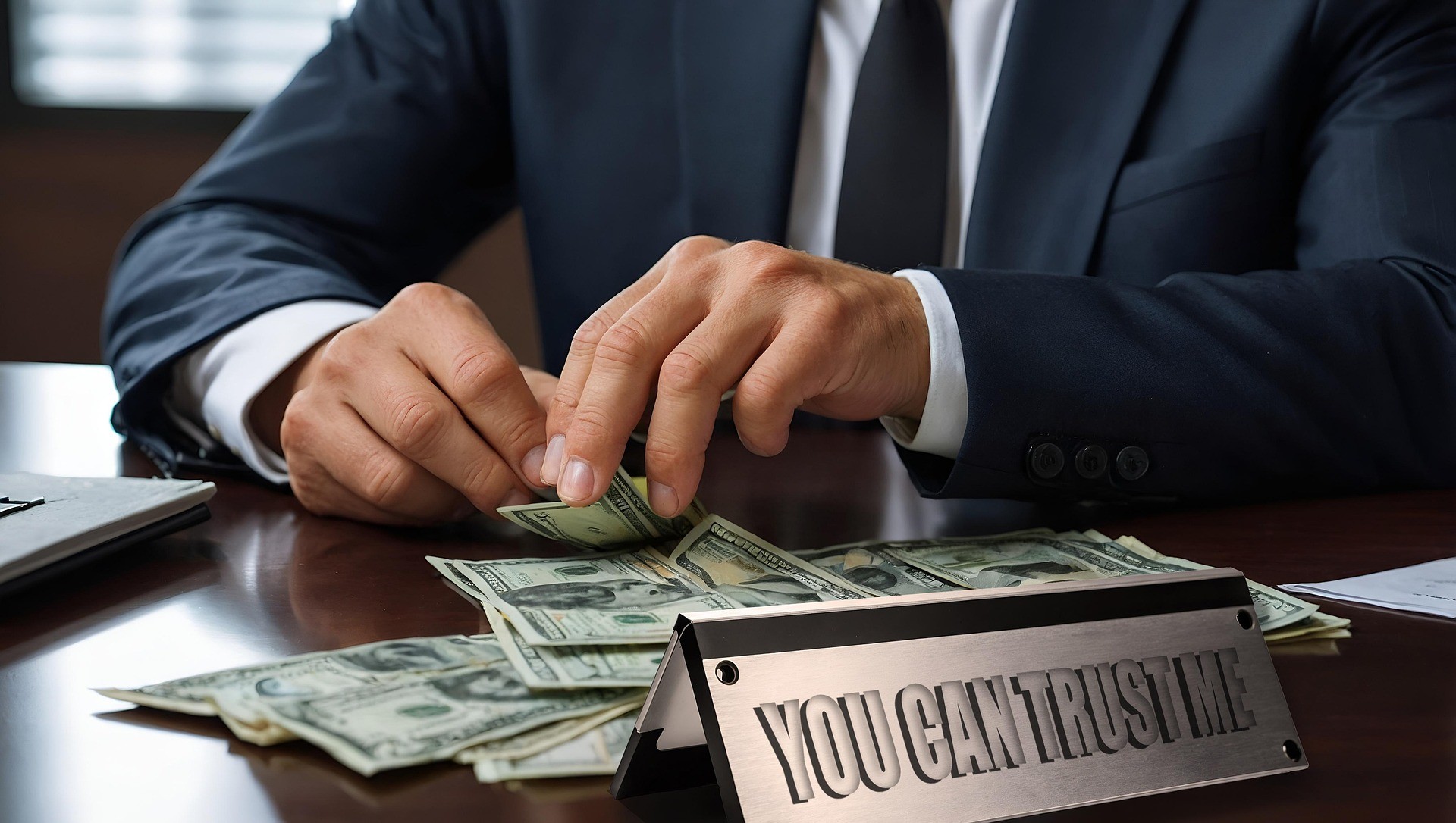 A person in a suit counts cash on a table in an office setting