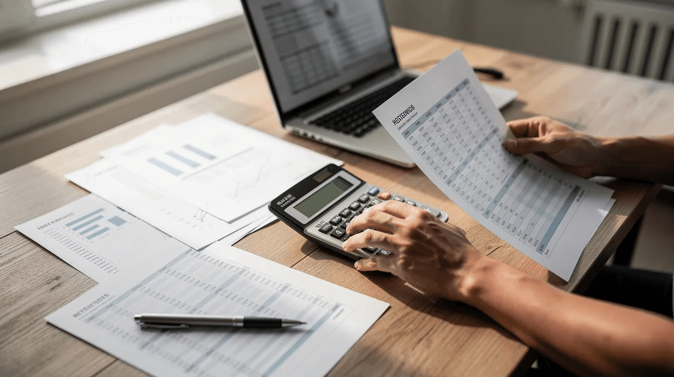 A person is using a calculator while reviewing financial statements and working on a laptop placed on a wooden desk, indicating a focus on managing their business's financial health. This scene reflects the process of analyzing loan options and cash flow for potential business loan applications.