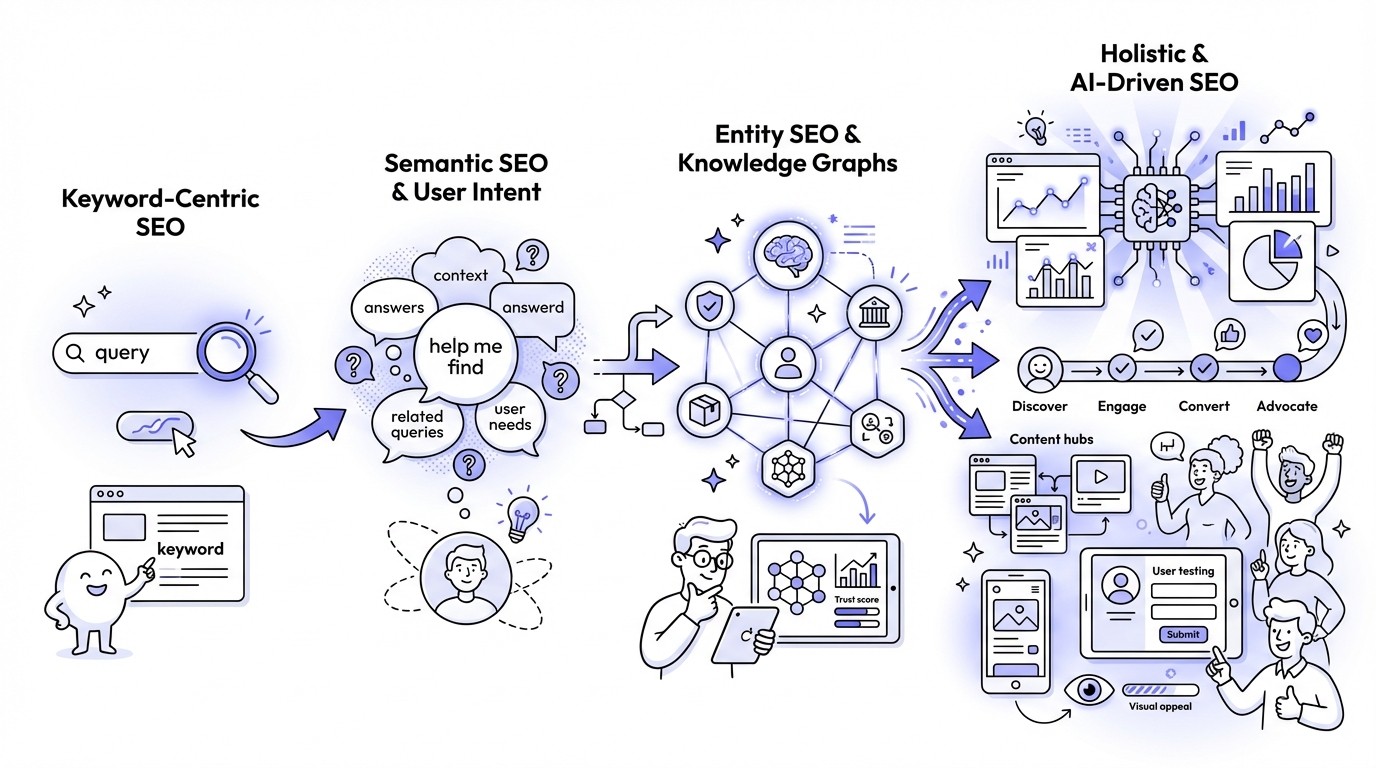 Infographic showing the evolution of SEO, starting with a single keyword in a search bar, progressing through clusters of related topics and interconnected knowledge graphs, and ending with a complex network representing holistic, AI-driven SEO with data visualizations and user experience elements.