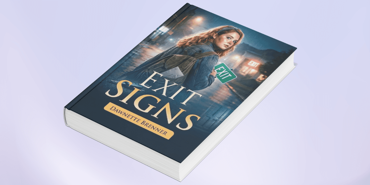 the book Exit Signs by Dawnette Brenner, featuring a young woman holding an exit sign on a rainy night.