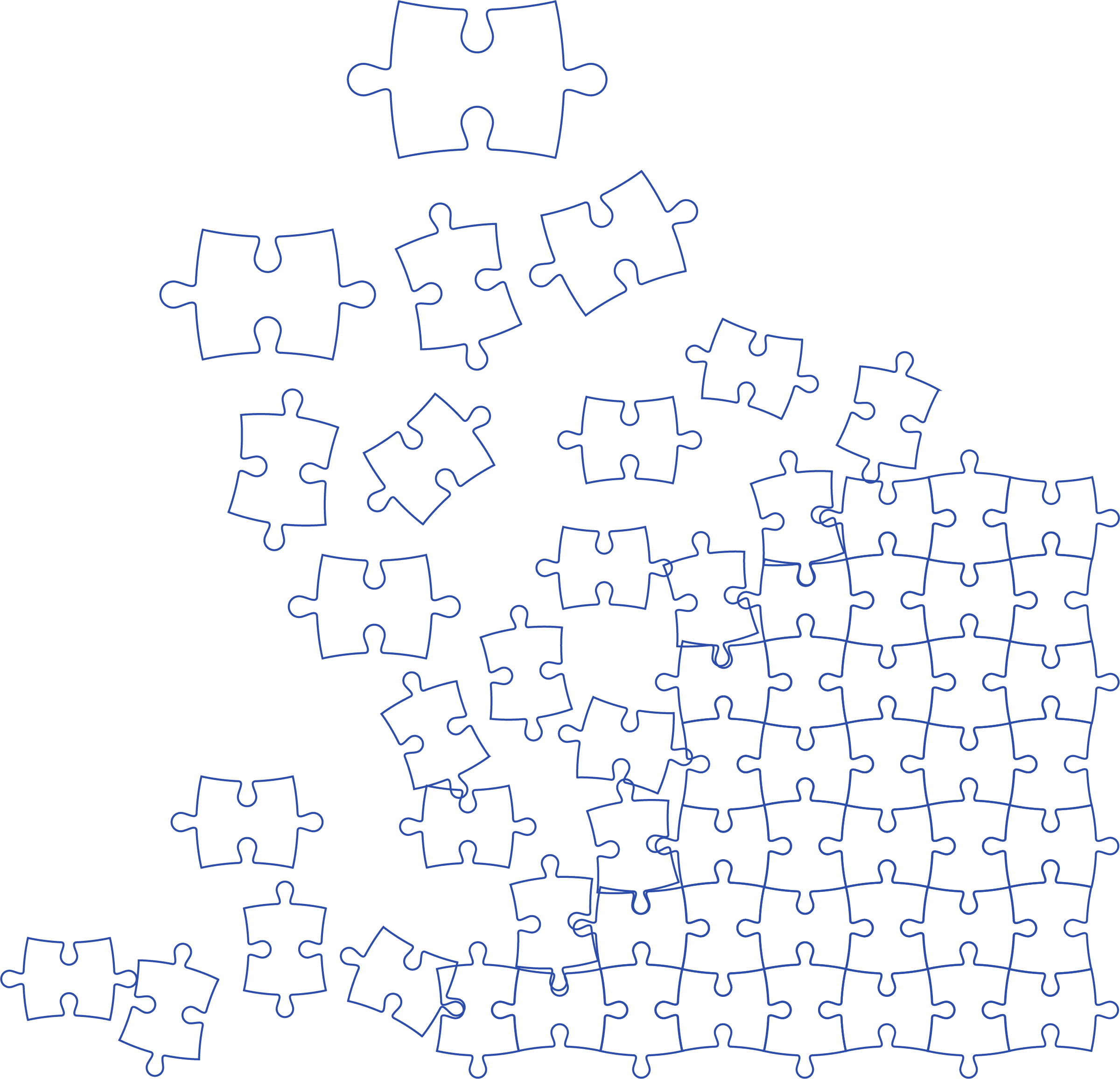 Jigsaw puzzle pieces falling into an organized state