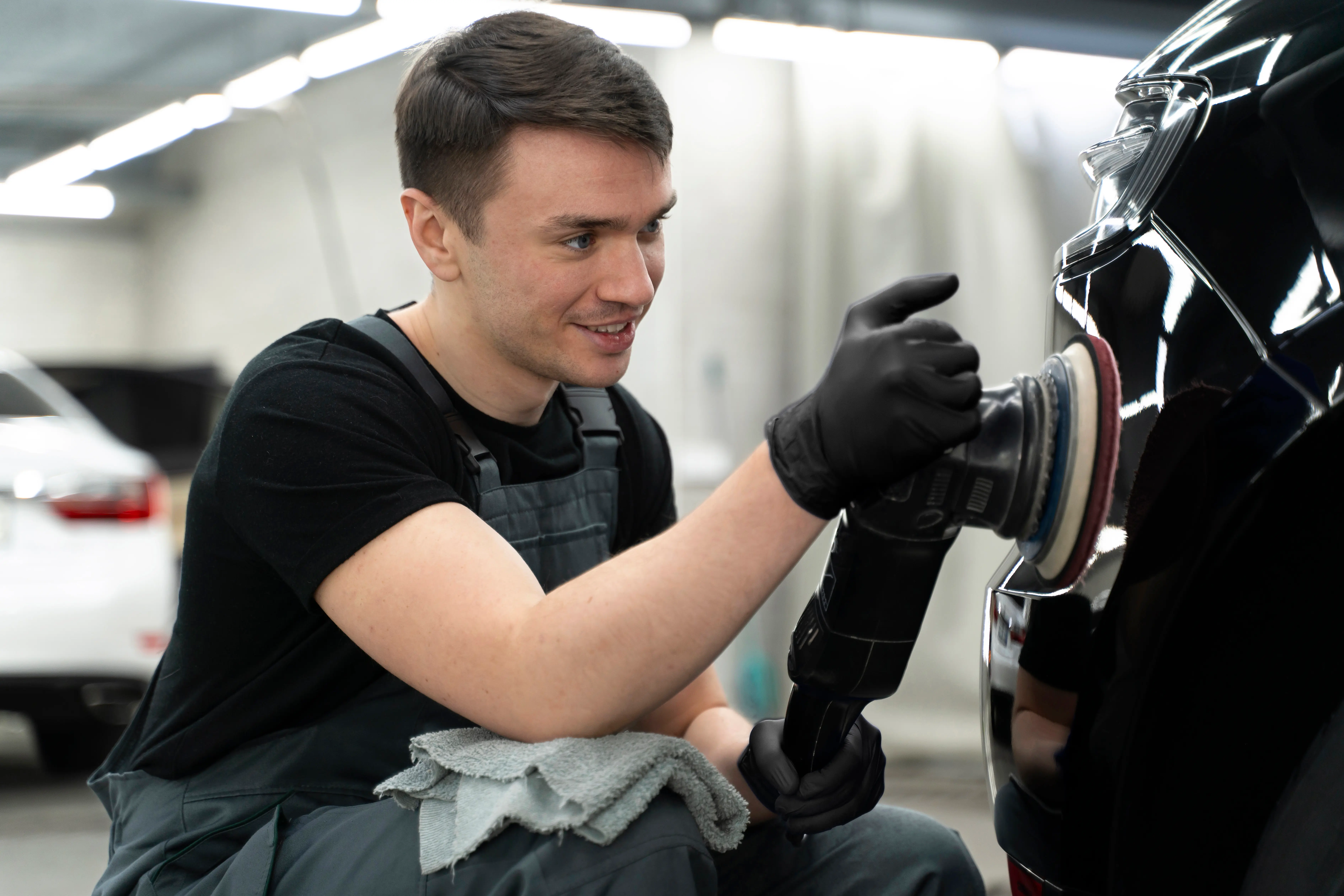 Man polishing black car.