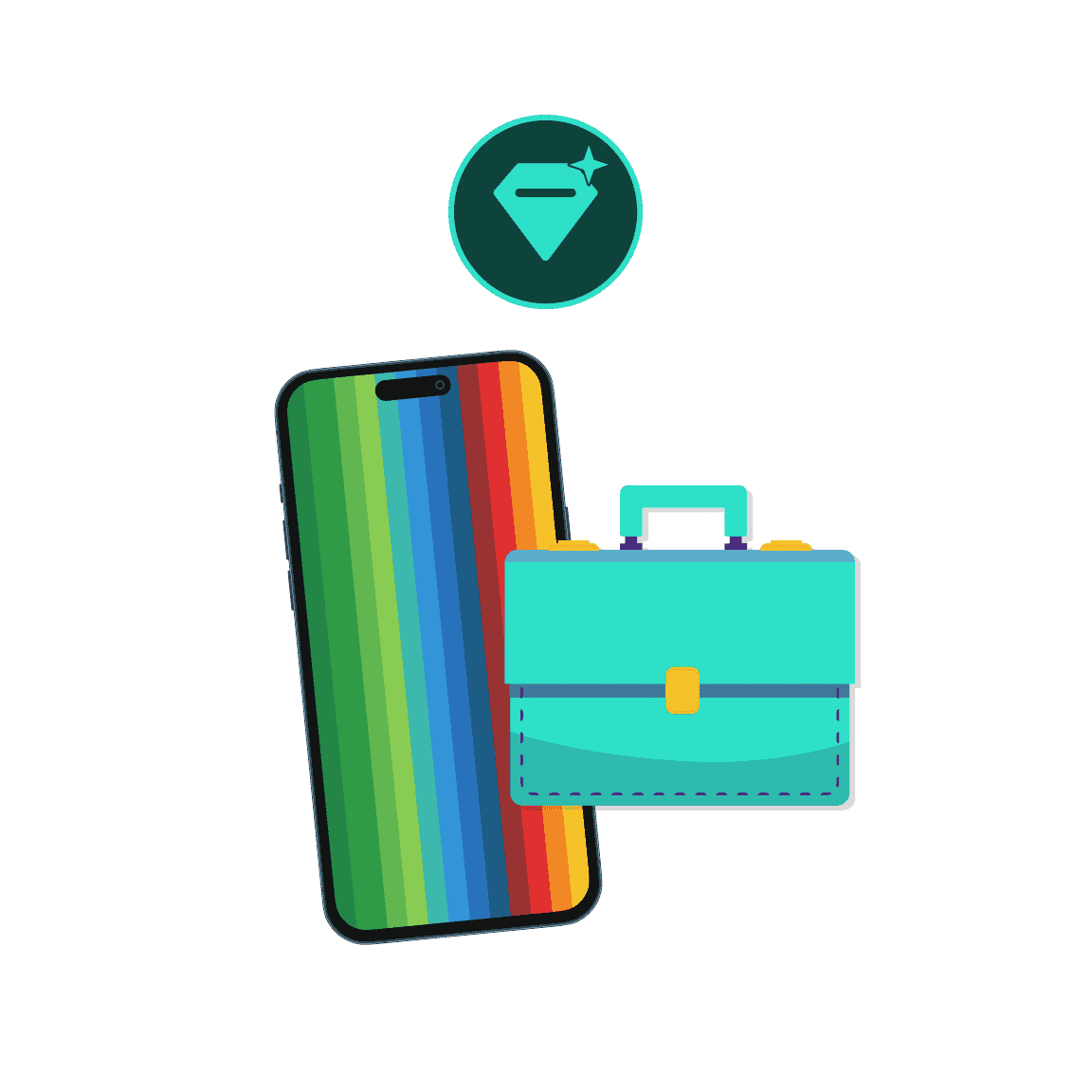 Een smartphone met een regenbooghoes naast een aktetas, met een locatiepin en Wi-Fi-symbool erboven.