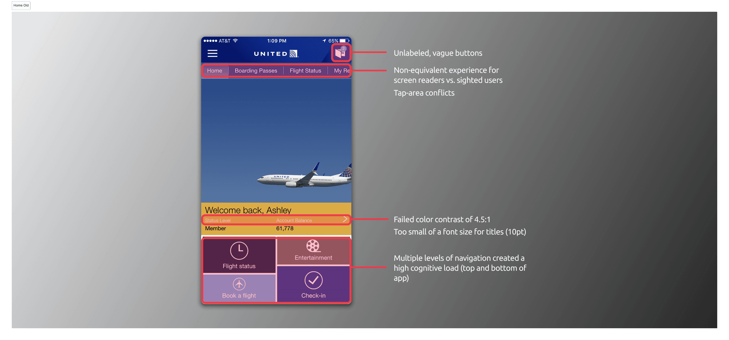 Version of the United Airlines app before updates