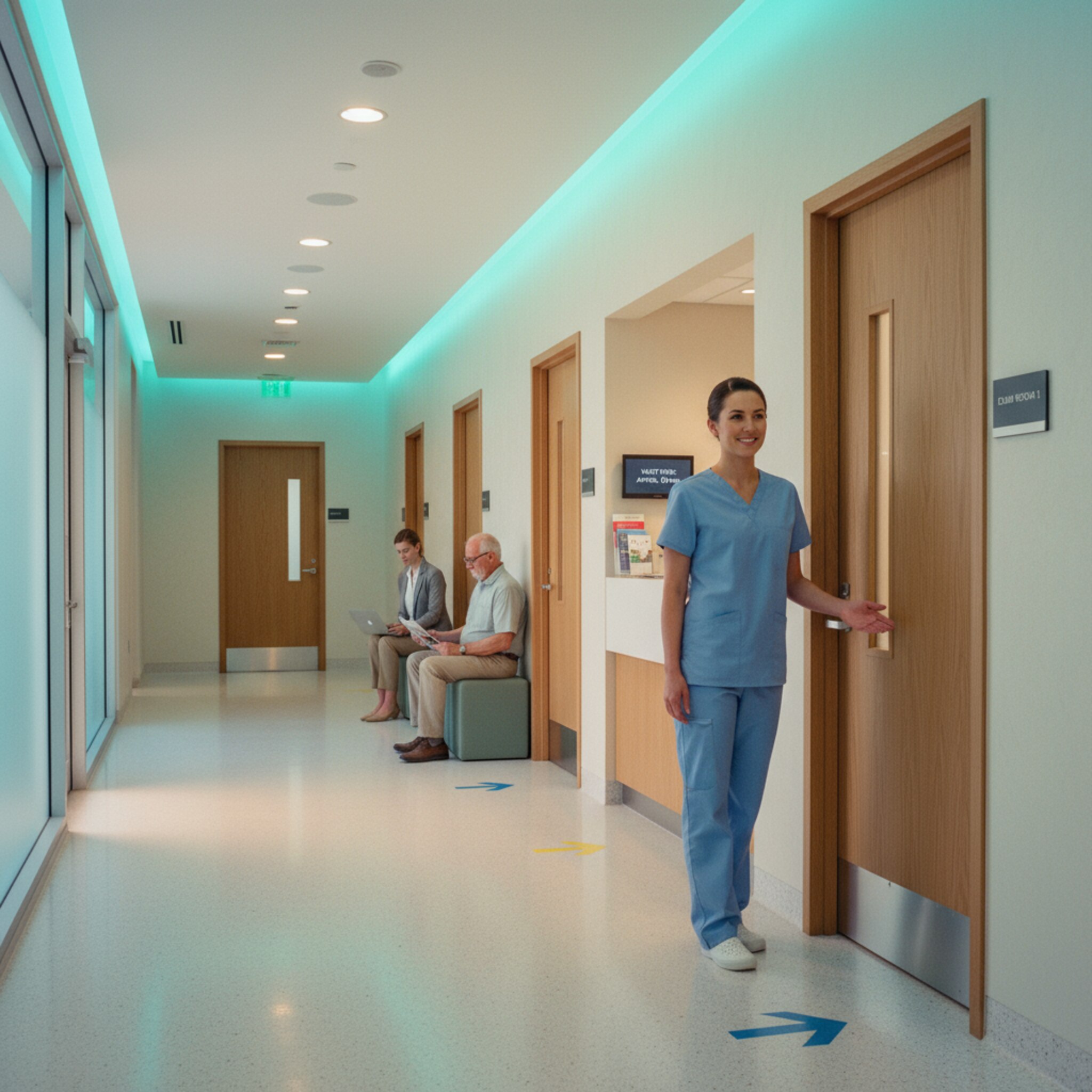 Ein Flur mit beschilderten Türen, ein paar Stühle bilden eine geordnete Wartesituation. Eine MFA ruft mit freundlicher Geste die nächste Person auf. Gedämpftes Neonlicht, klare Wegeführung, leise Schritte. Die Umgebung wirkt ruhig, planbar und konzentriert.