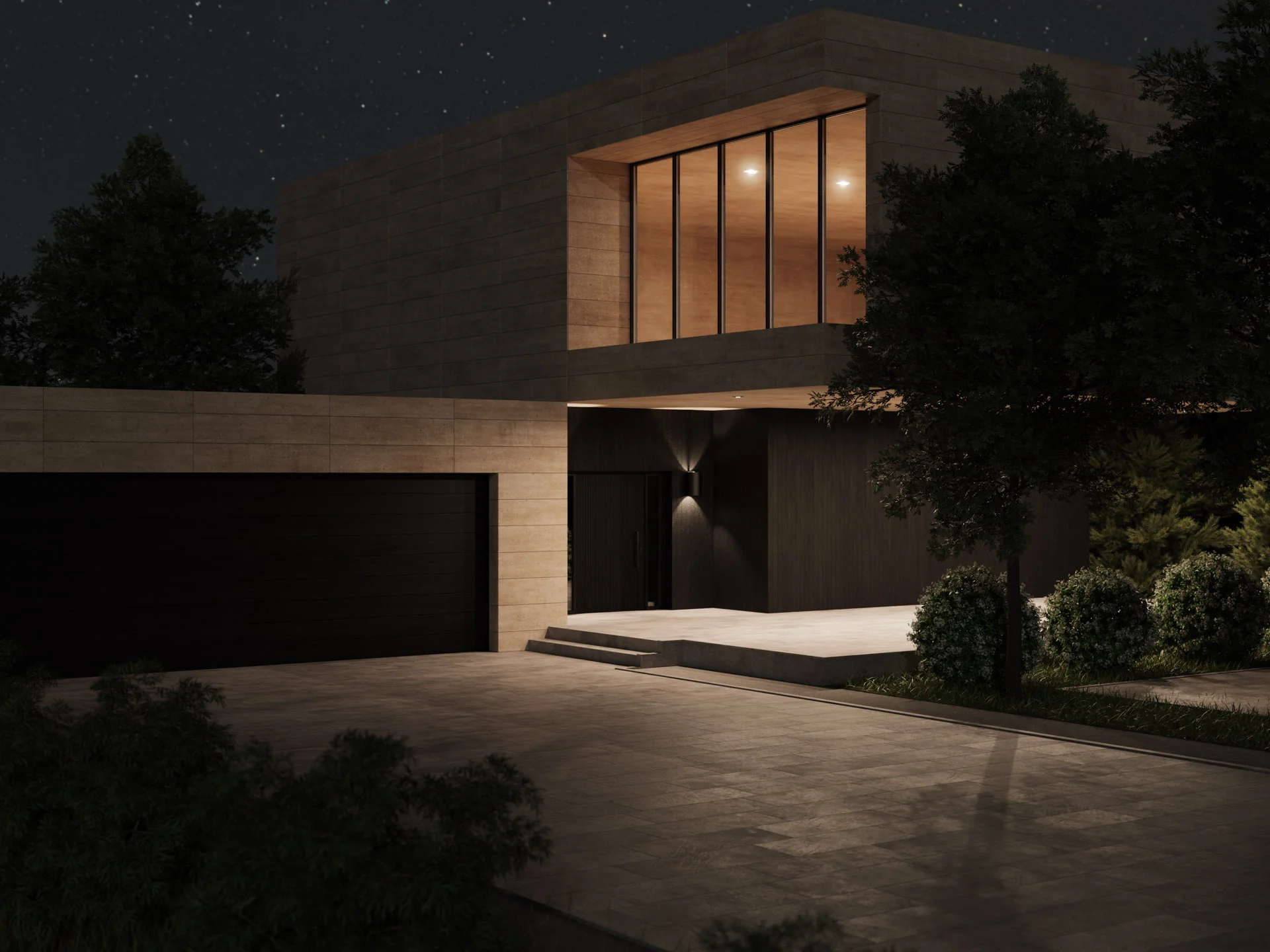 Picture of a house with lights on.