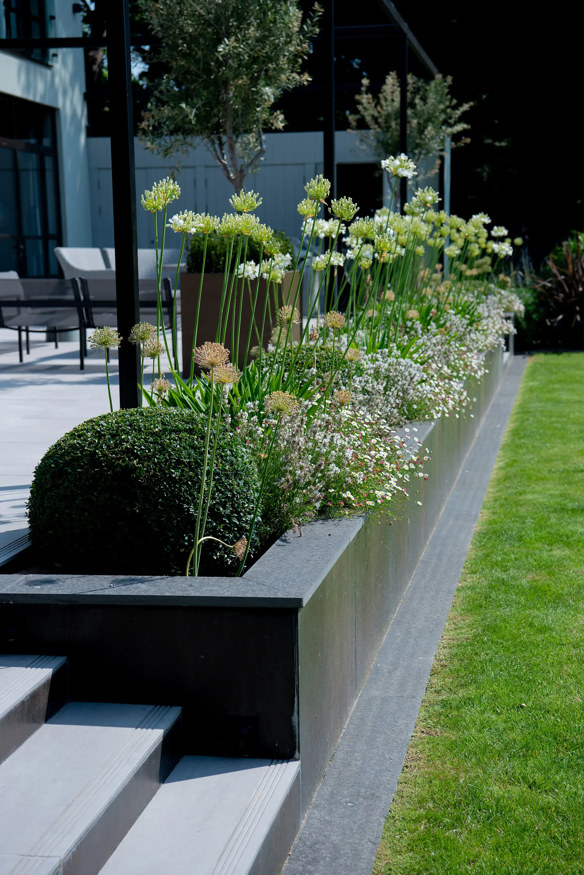 A landscaped garden with neatly trimmed hedges, stone steps, and plants lining a low wall under soft sunlight.