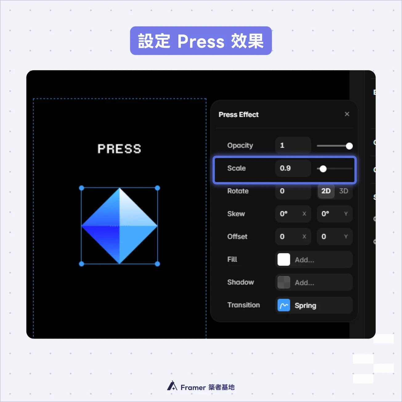 Framer Press Effect 設定畫面，示範按壓時縮放為 0.9
