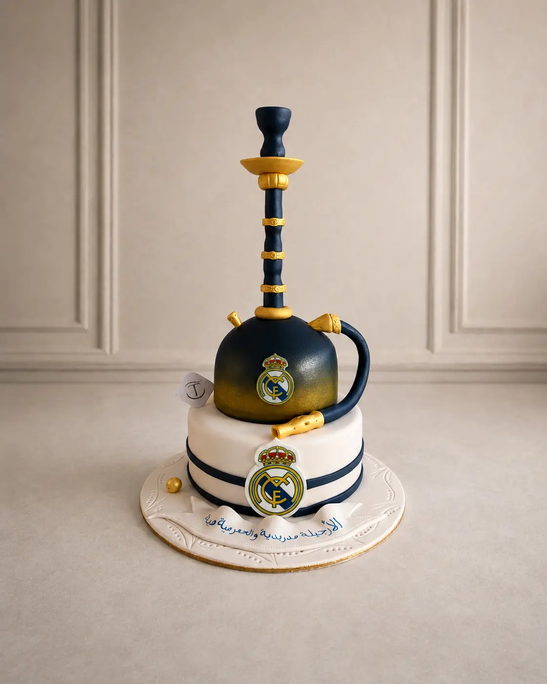  Bespoke Real Madrid birthday cake by Chef Touq featuring a handcrafted sugar hookah, club-inspired details, and Arabic calligraphy.