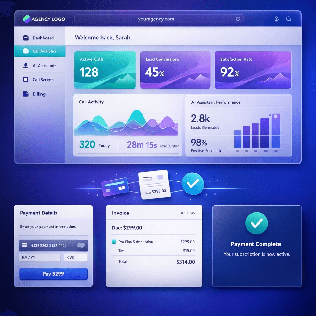 White-label client portal with custom domain and Stripe billing showing 100% margin retention with no revenue sharing | VoiceAIWrapper