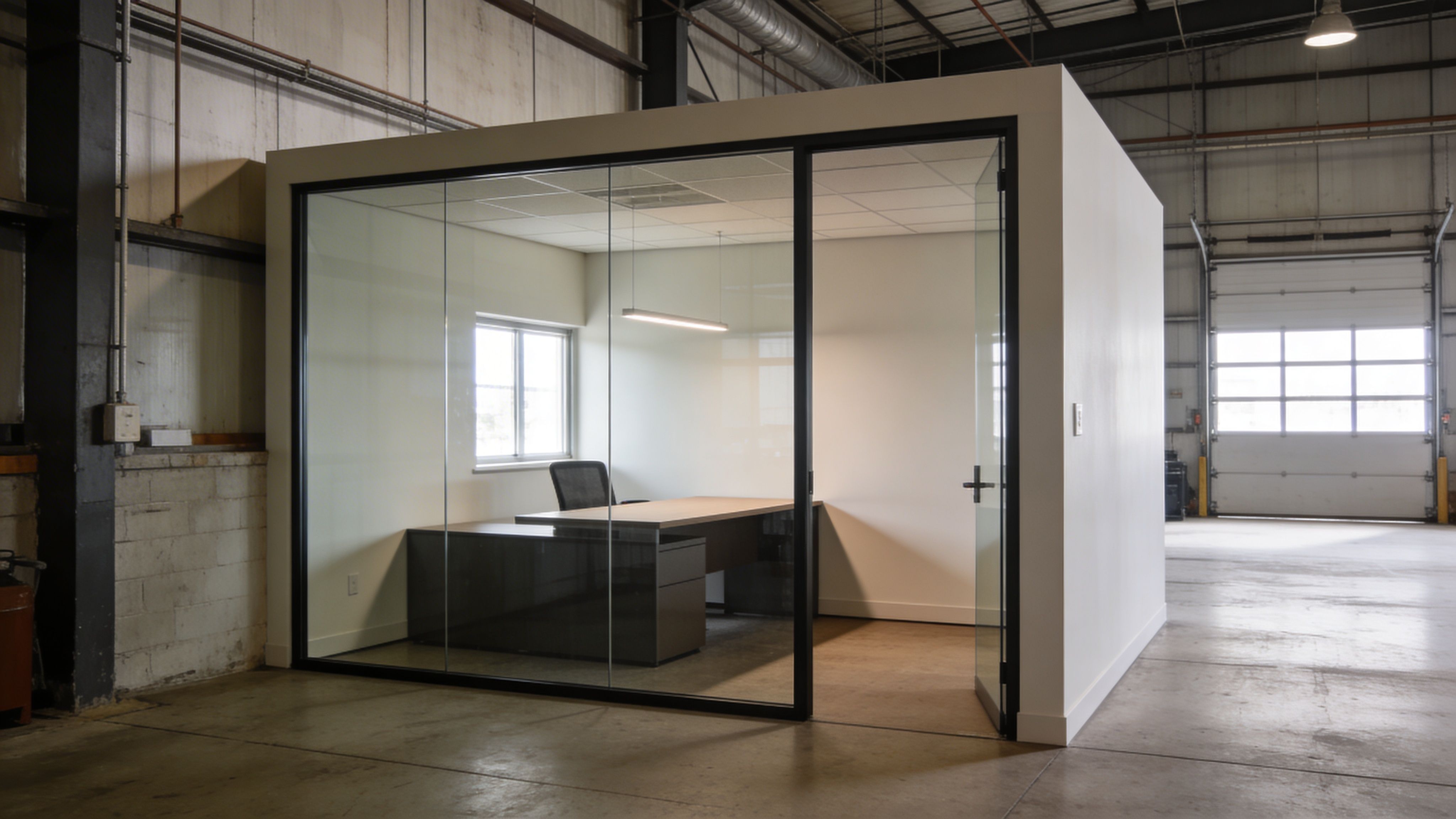 Glass-enclosed office unit inside a warehouse, combining workspace with industrial environment