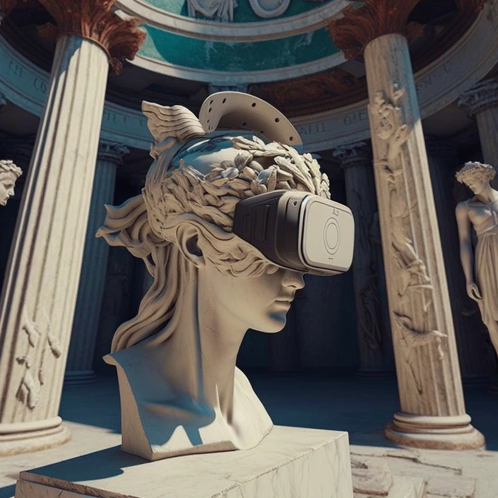 This image showcases a classical statue wearing a VR headset, blending ancient art with modern technology to represent the growing trend of VR museum experiences. The surrounding architectural columns and sculptures place the scene in a grand, historical museum setting, while the virtual reality headset symbolizes how Virtual Reality museums are revolutionizing the way we engage with culture and history. The juxtaposition of classical art and futuristic technology demonstrates how VR museum experiences allow users to explore art, history, and culture in an immersive, interactive way. This visual highlights the role of VR education in bringing museums to life by offering virtual tours and exhibits that enhance accessibility and learning. The use of VR technology in cultural institutions expands opportunities for engagement, making VR culture a key part of modern educational experiences. This image represents the merging of tradition and innovation through VR museum experiences, where visitors can interact with exhibits in new and dynamic ways.