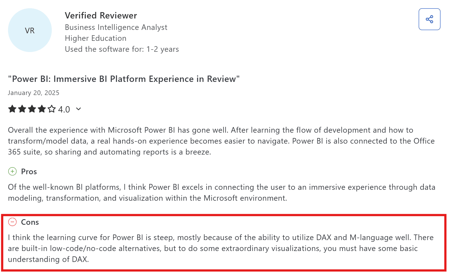 captera review of PowerBI highlighting con of Dax and M-language modeling language requirements