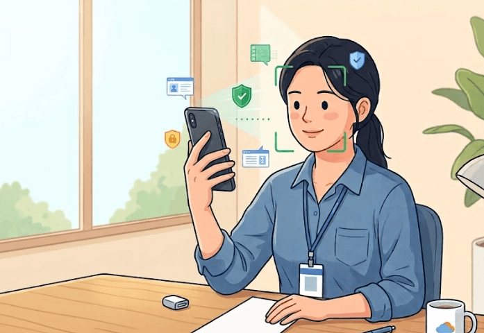 책상에 앉은 여성이 스마트폰을 얼굴 앞에 들고 안면인증을 진행하는 일러스트입니다. 화면에서 녹색 가이드라인이 나오며 얼굴을 스캔하고 보안, 인증 확인 아이콘이 주변에 떠 있습니다.
