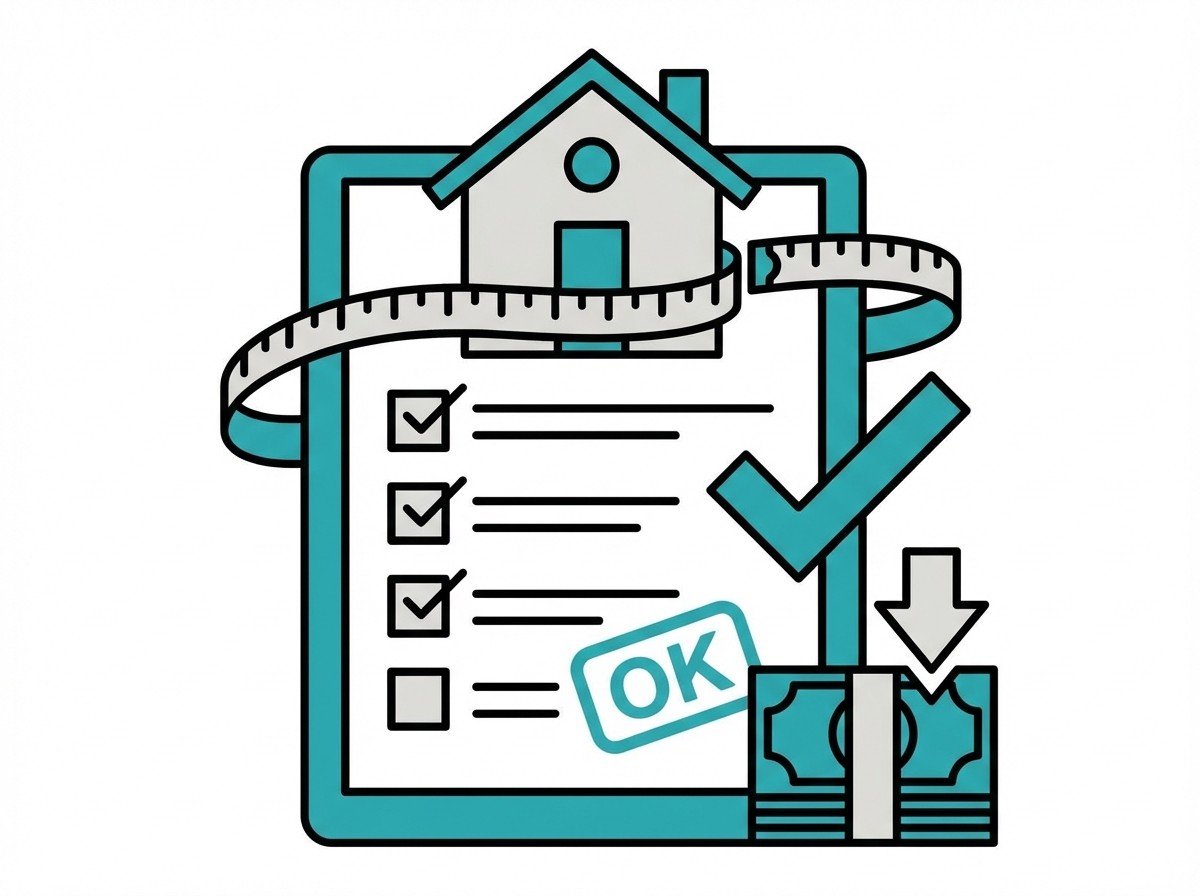 Illustration zur Immobilienbewertung: Haus auf Checkliste mit Maßband, großem Haken, OK-Stempel und Geldscheinen.