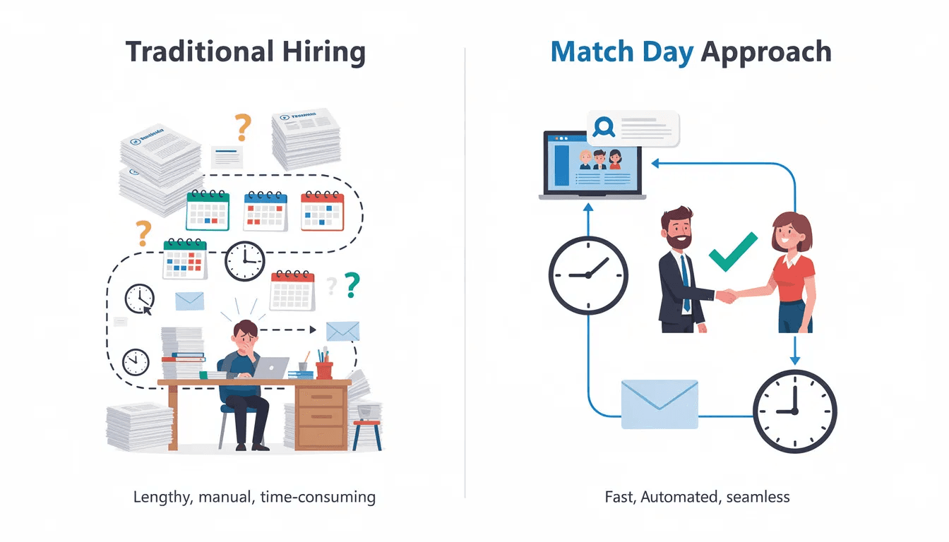 The image showcases a split screen comparison of the traditional lengthy hiring process on one side, featuring multiple interviewers and lengthy job descriptions, versus the streamlined Match Day approach on the other, which emphasizes efficiency and clarity in the interview process. This visual highlights the contrast between a cumbersome hiring experience and a more modern, effective method that focuses on communication skills and personal growth for both candidates and hiring managers.