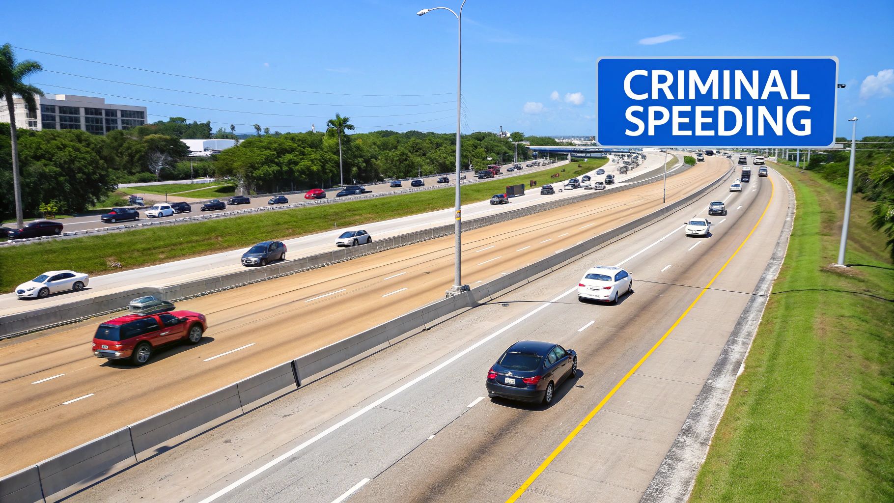 Overhead view of a busy Florida highway with a large 'CRIMINAL SPEEDING' sign.