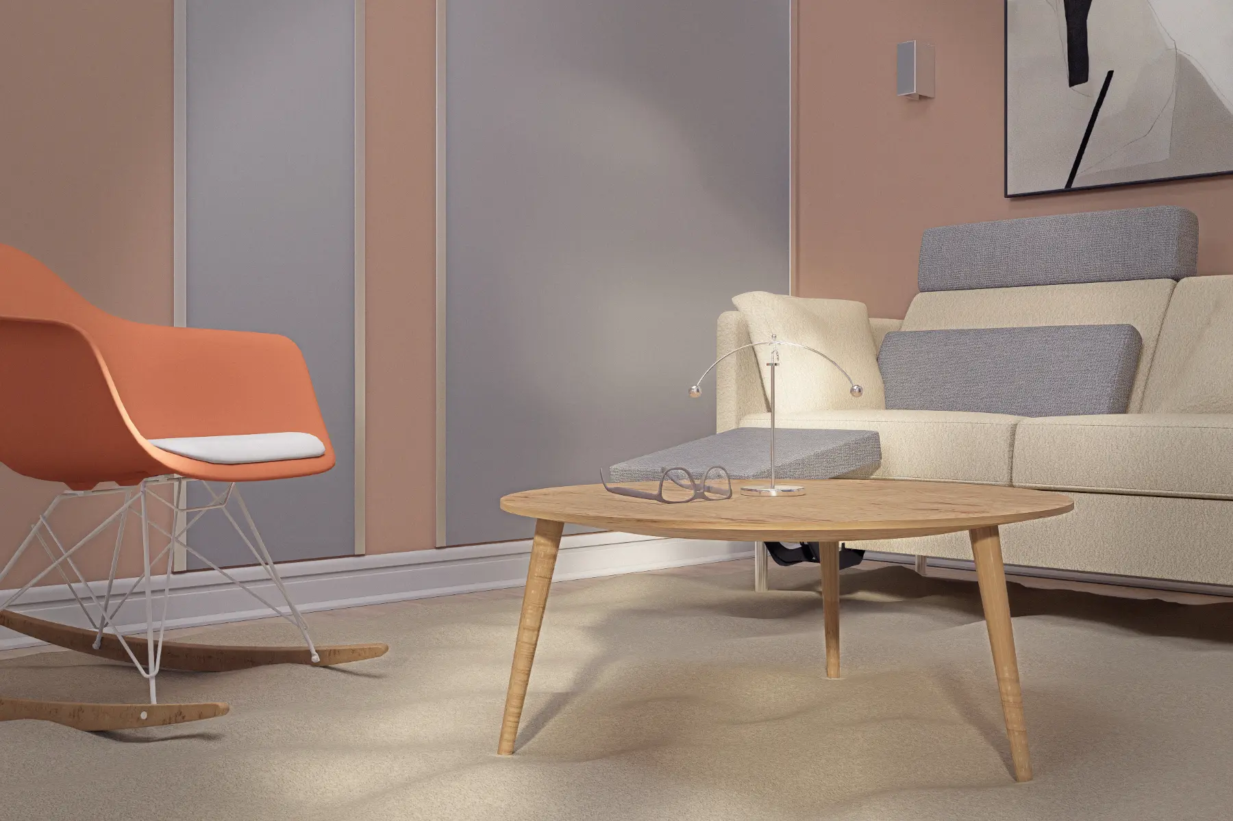 Detailaufnahme eines kleinen Sofatischs mit Dekoration.