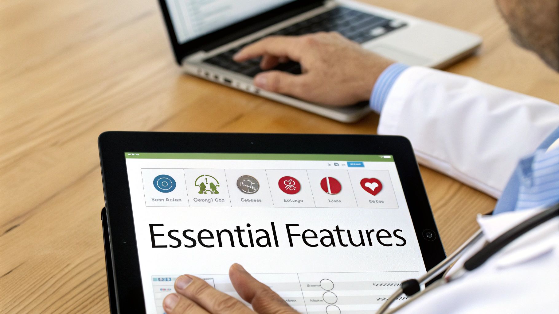 Doctor uses a tablet with 'Essential Features' and a laptop, showing medical technology.