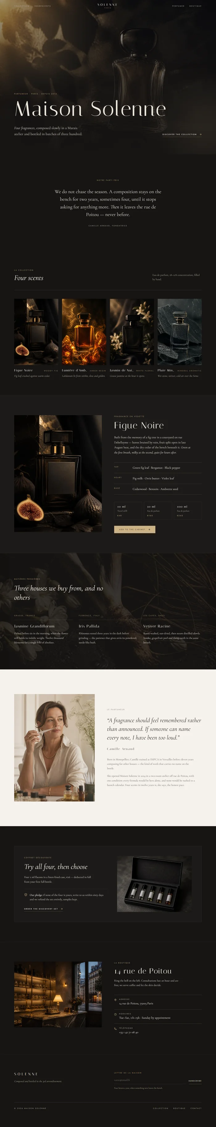 Full page of an AI-generated perfume brand website with cinematic hero, manifesto, collection, notes pyramid, perfumer and boutique
