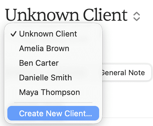 The client menu showing existing fictitious clients and Create New Client at the bottom.