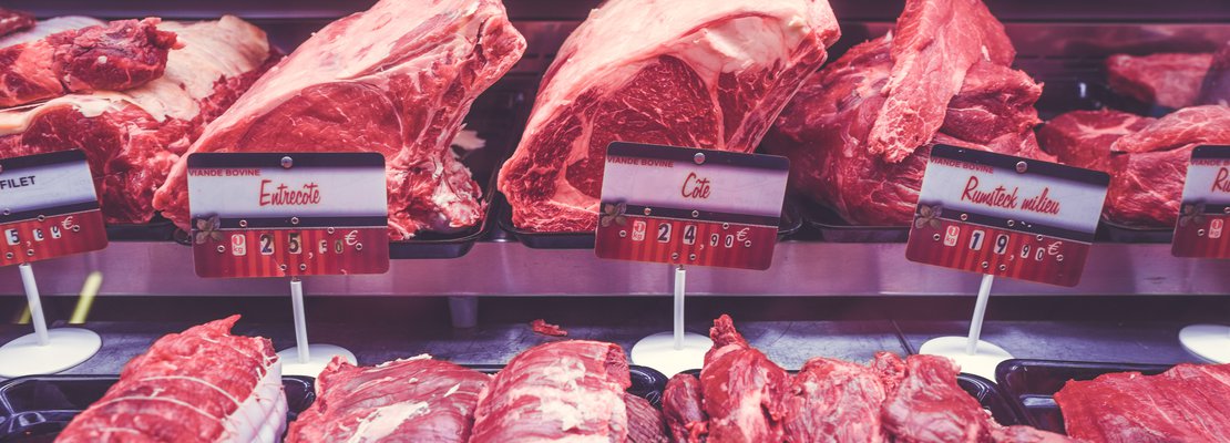 red meat display with price tags