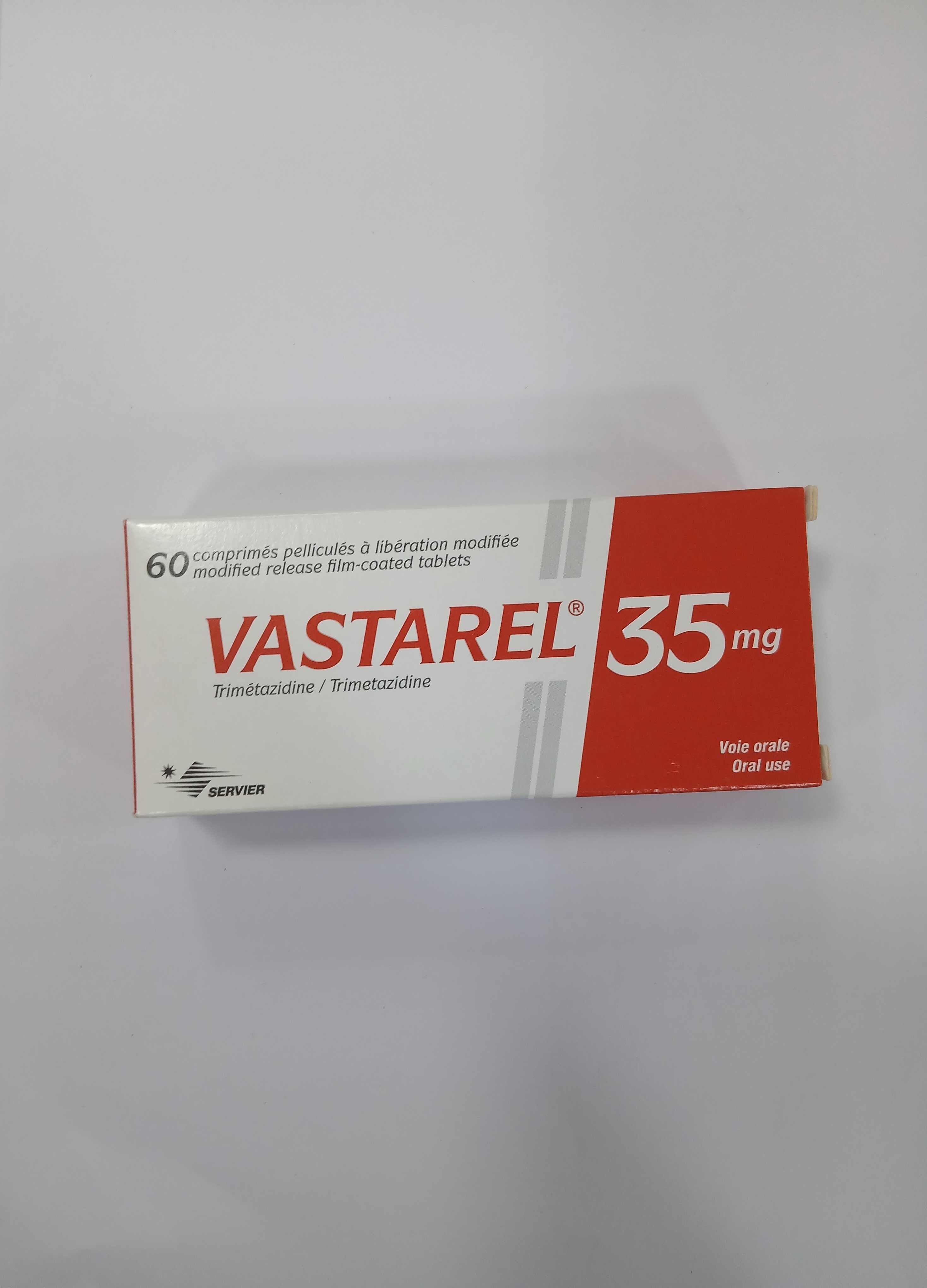 Vastarel 35mg extended-release film-coated tablets by Servier, 60 tablets in a white blister pack.