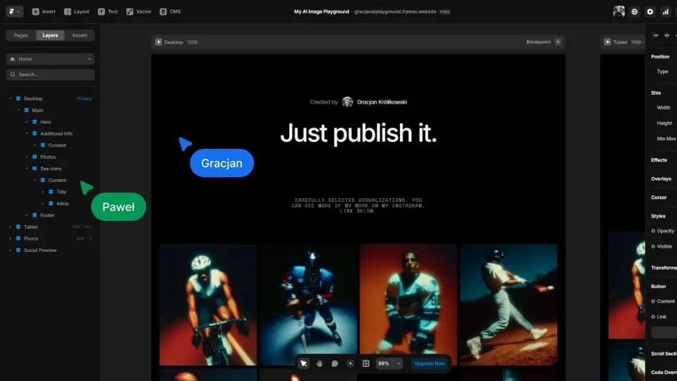 Framer interface showing a real-time collaborative web design session with active cursors and a dark-themed layout.