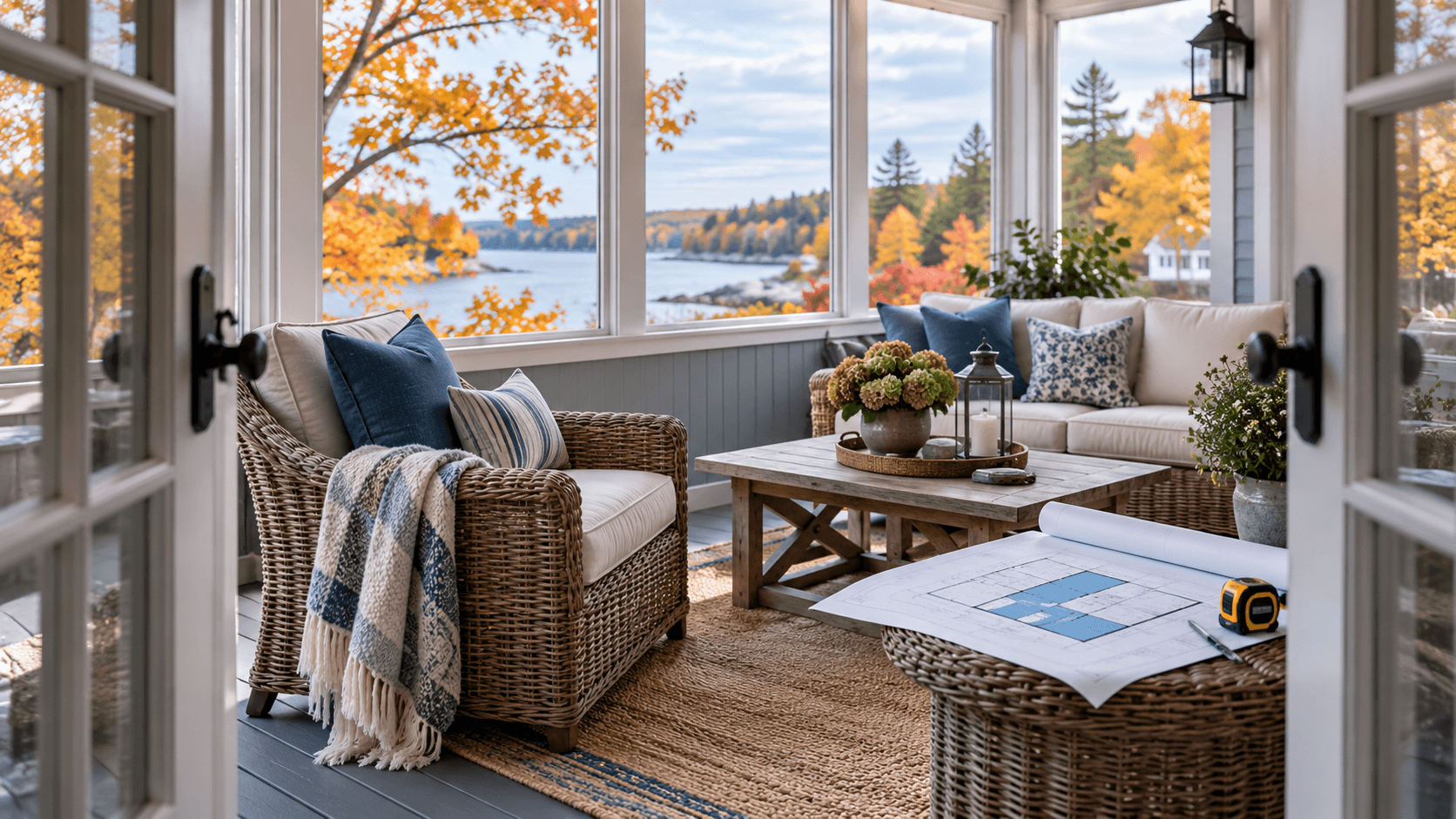An enclosed porch with wicker furniture, autumn views, a floor plan, and tape measure.