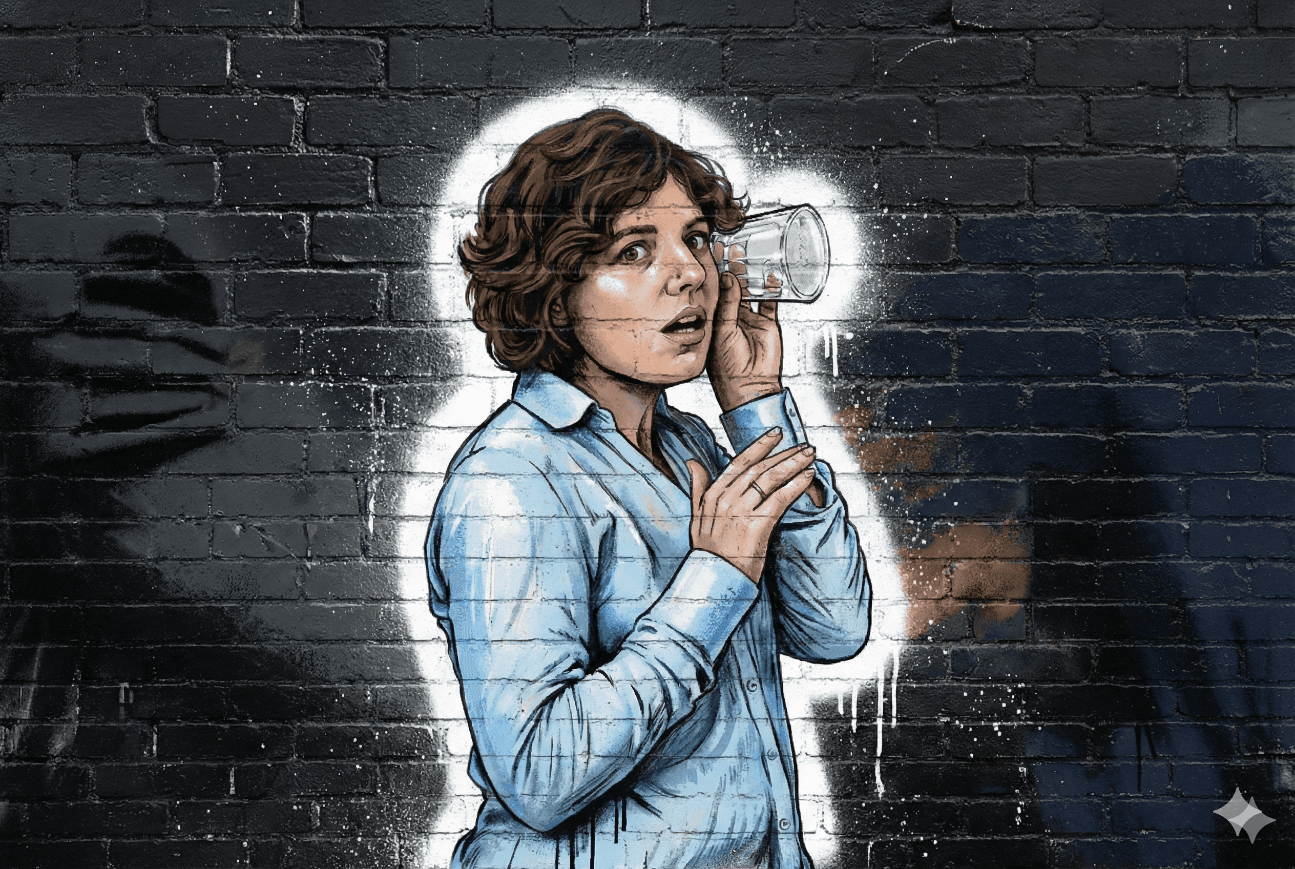 lady with cup against wall trying to listen