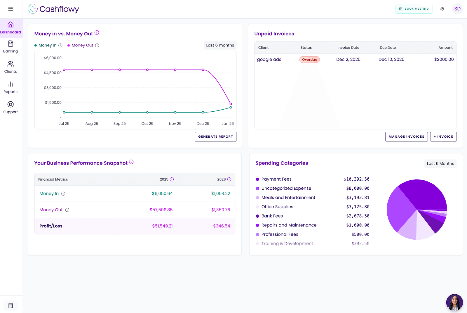 Cashflowy AI accounting dashboard — Owner's Pay Calculator and real-time cashflow tracking for solopreneurs