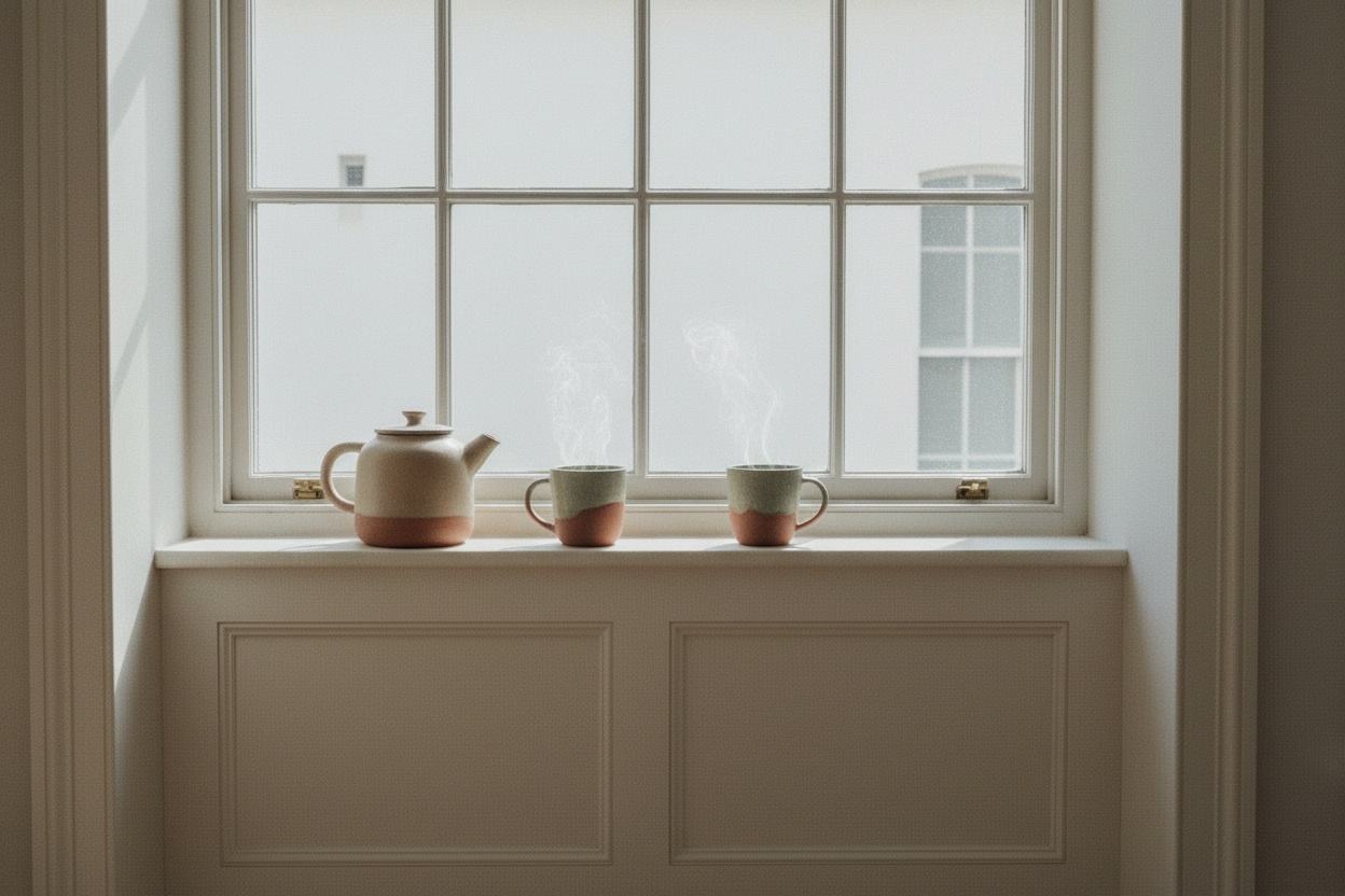 A teapot and two mugs with steam rising, lined up on a white windowsill in quiet morning light.