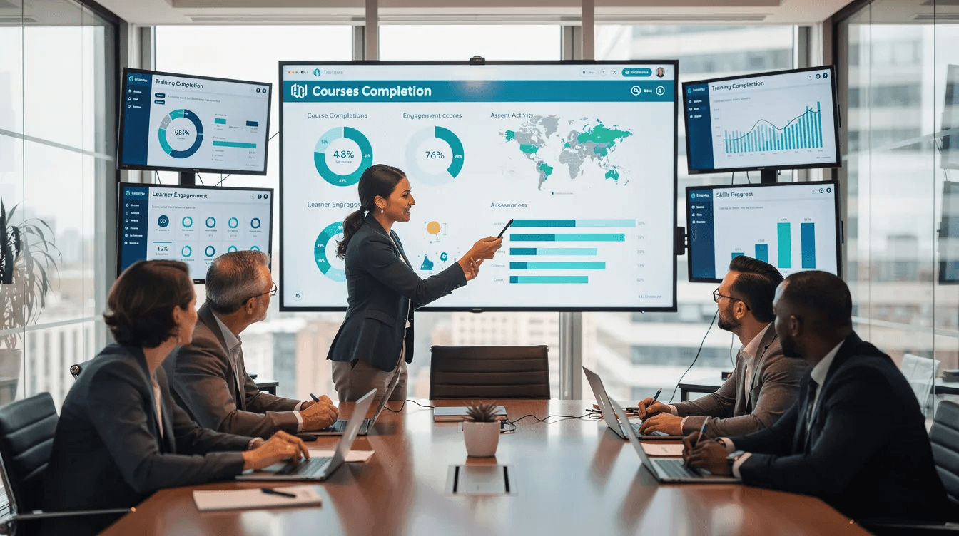 Une équipe moderne de formation et développement examine des analyses de formation sur des tableaux de bord numériques, mettant en avant l'importance de l'apprentissage en ligne et des modules interactifs pour optimiser l'expérience des apprenants. Des experts discutent des données et des résultats pour améliorer la qualité des programmes de formation.