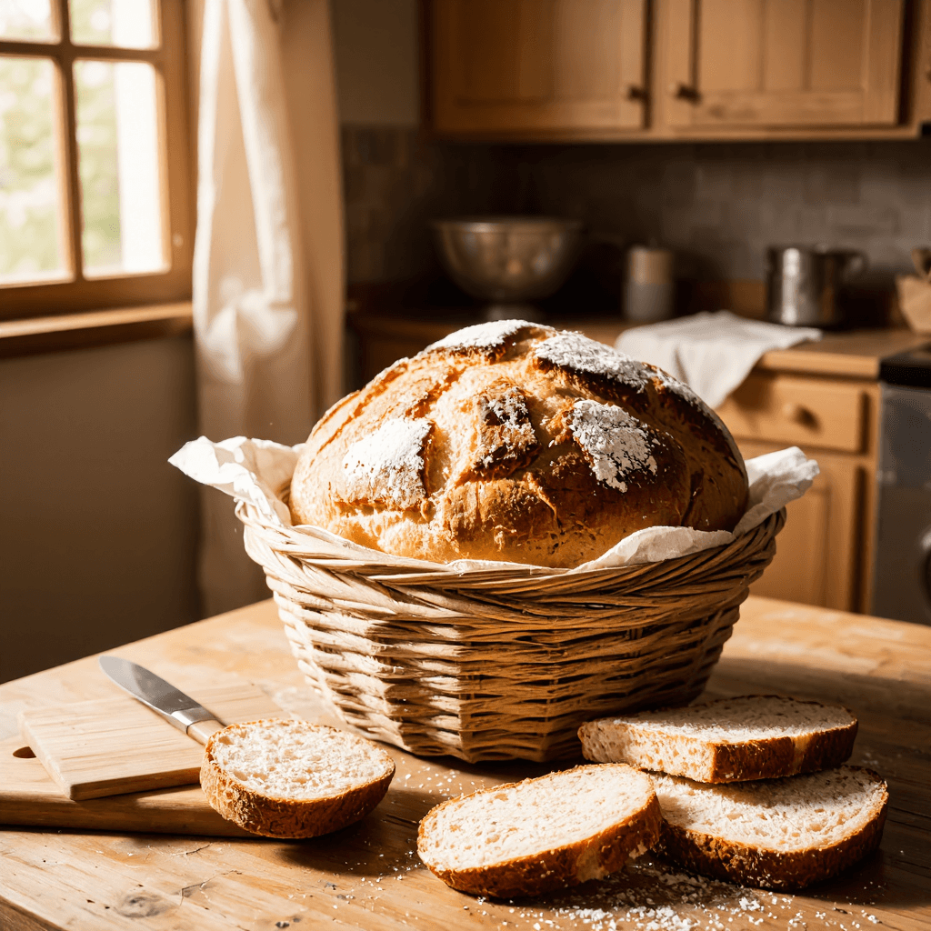 product photography of a loaf of bread in a basket