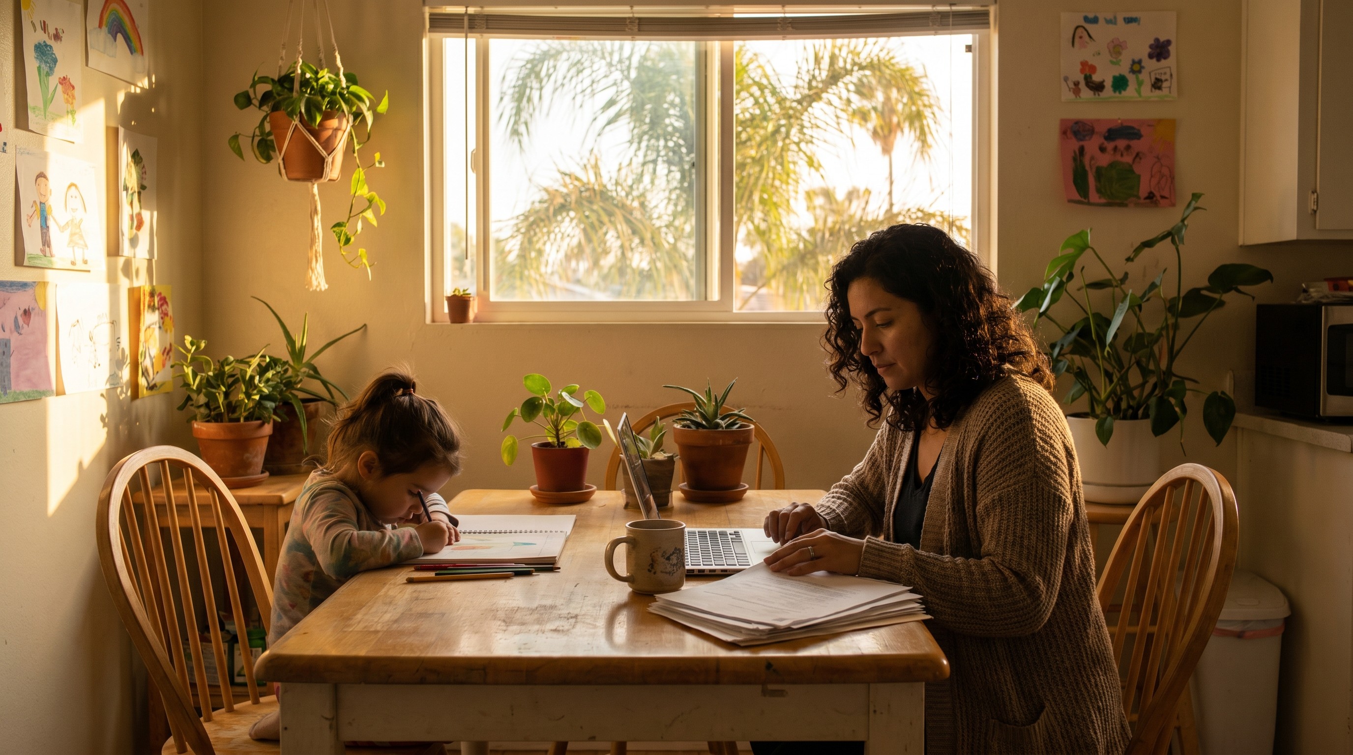Self-employed mother reviewing household paperwork at a sunny kitchen table while her child does homework nearby