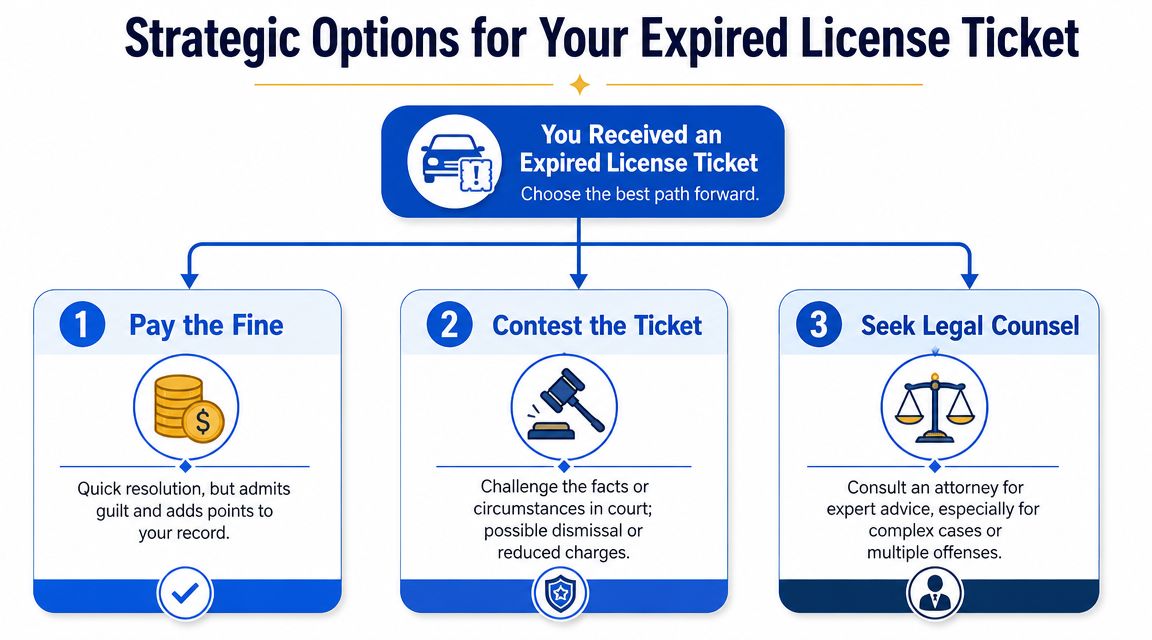 An infographic showing three strategic options for dealing with a fine for driving with an expired license.