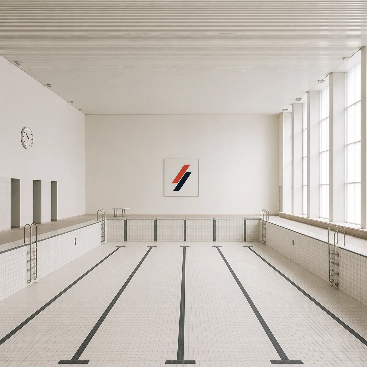 Leeres Schwimmbecken, an der Wand das rote SYSTEM SCHMID Zeichen.
