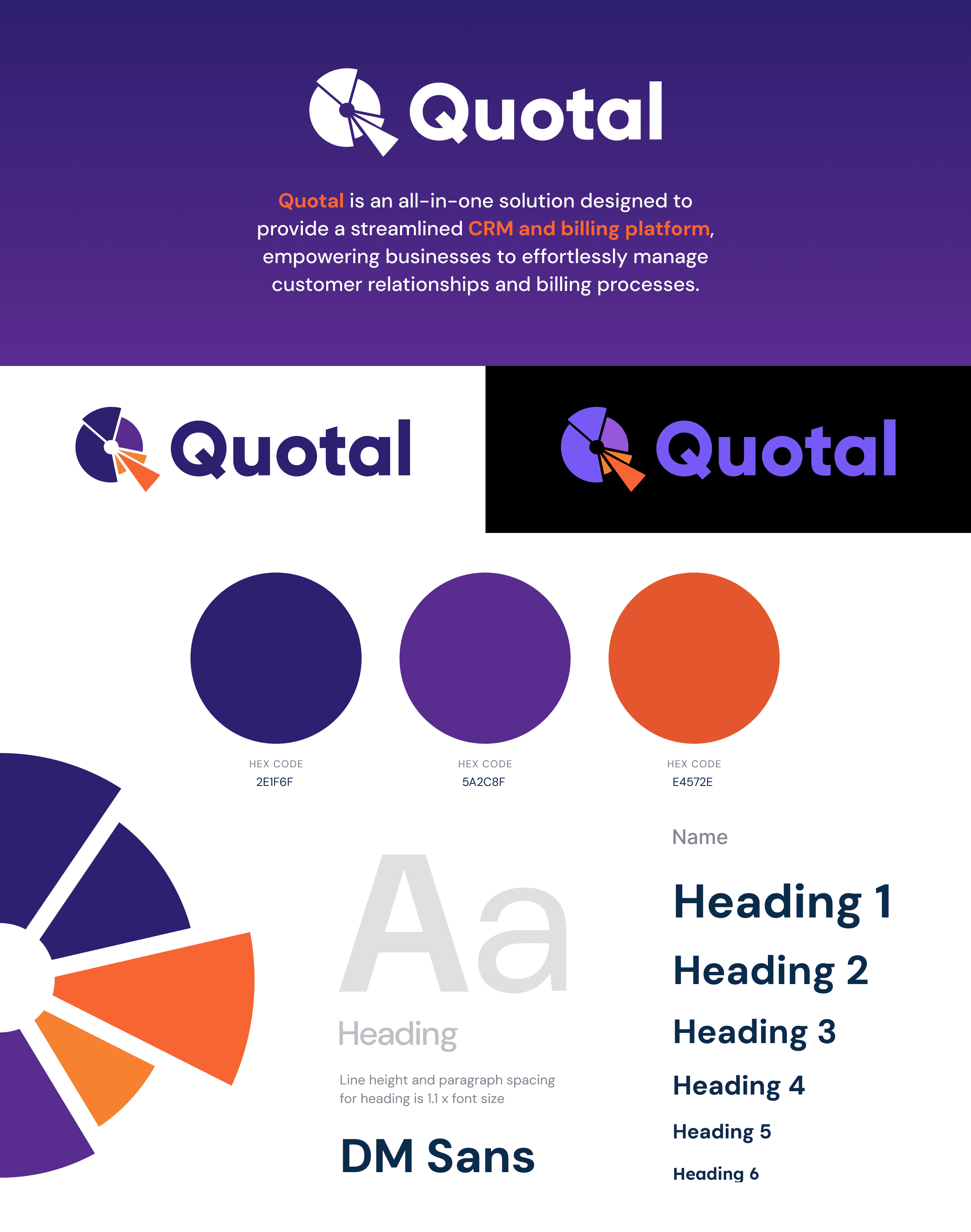 Quotal brand identity guide displaying logo variations, color palette with purple and orange, DM Sans typography, and heading hierarchy for the CRM and billing platform.