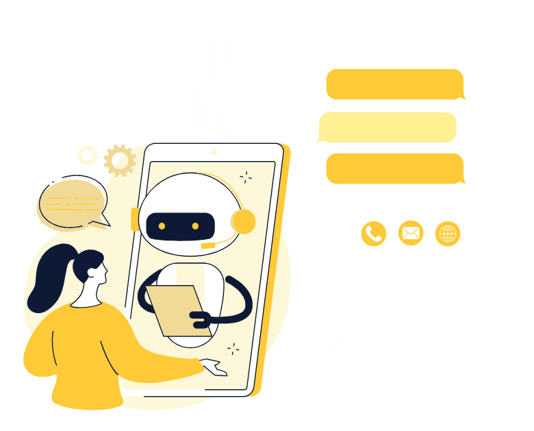 Cartoon graphic of a woman facing a screen with an AI chatbot on it