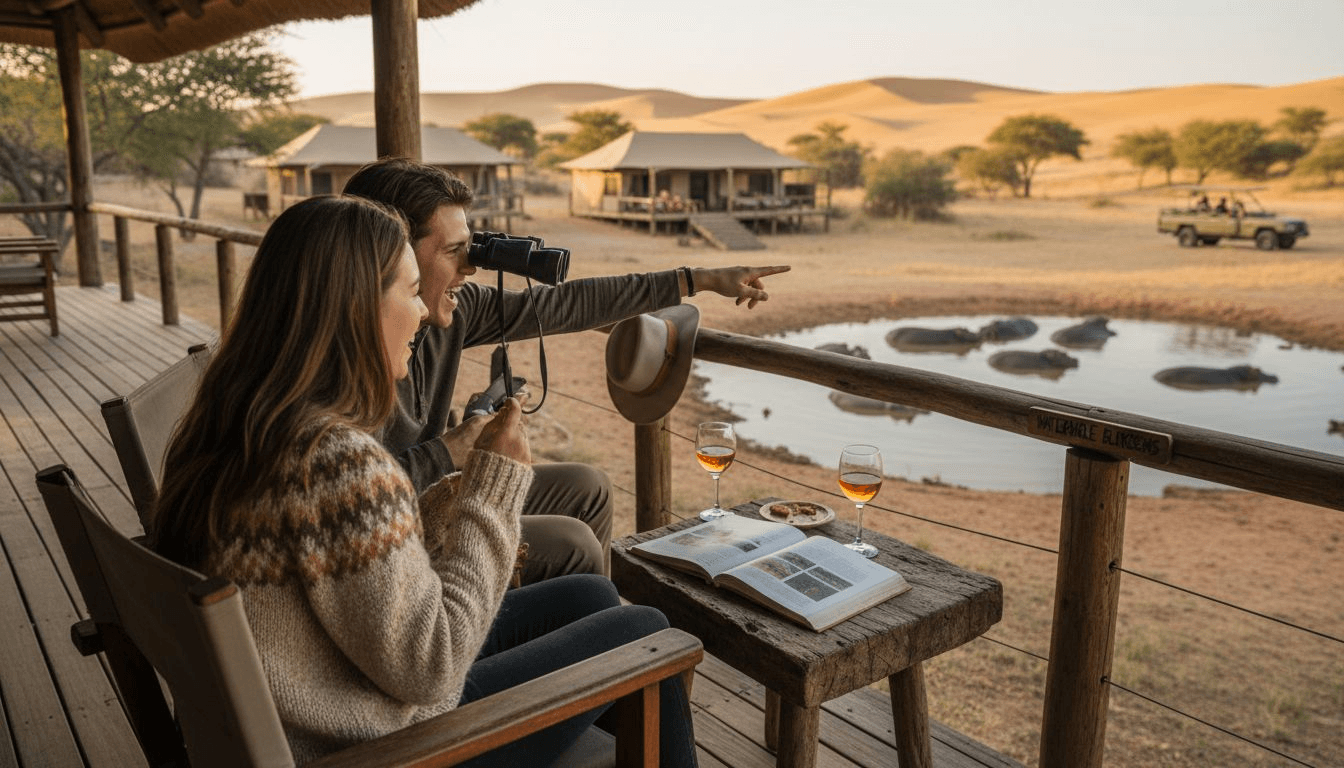 Couple enjoying view from safari lodge deck