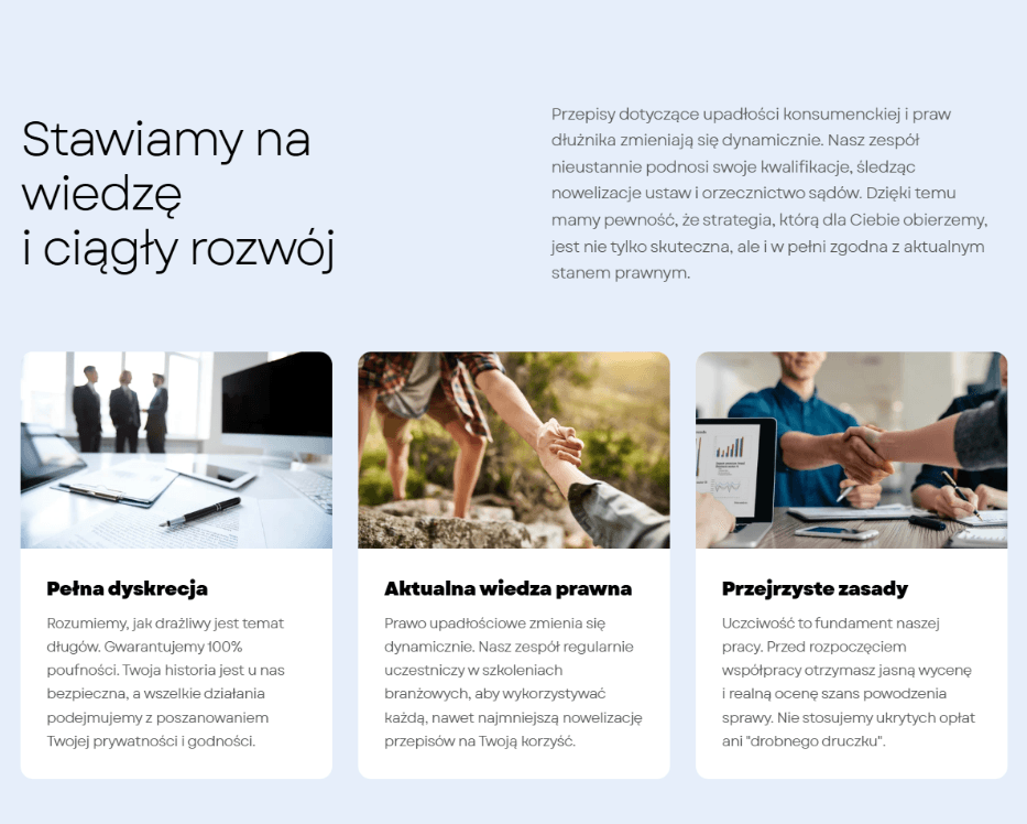 Trzykolumnowa sekcja informacyjna na stronie www promująca wartości firmy. Profesjonalny układ UI UX z opisami dotyczącymi dyskrecji i wiedzy prawnej.