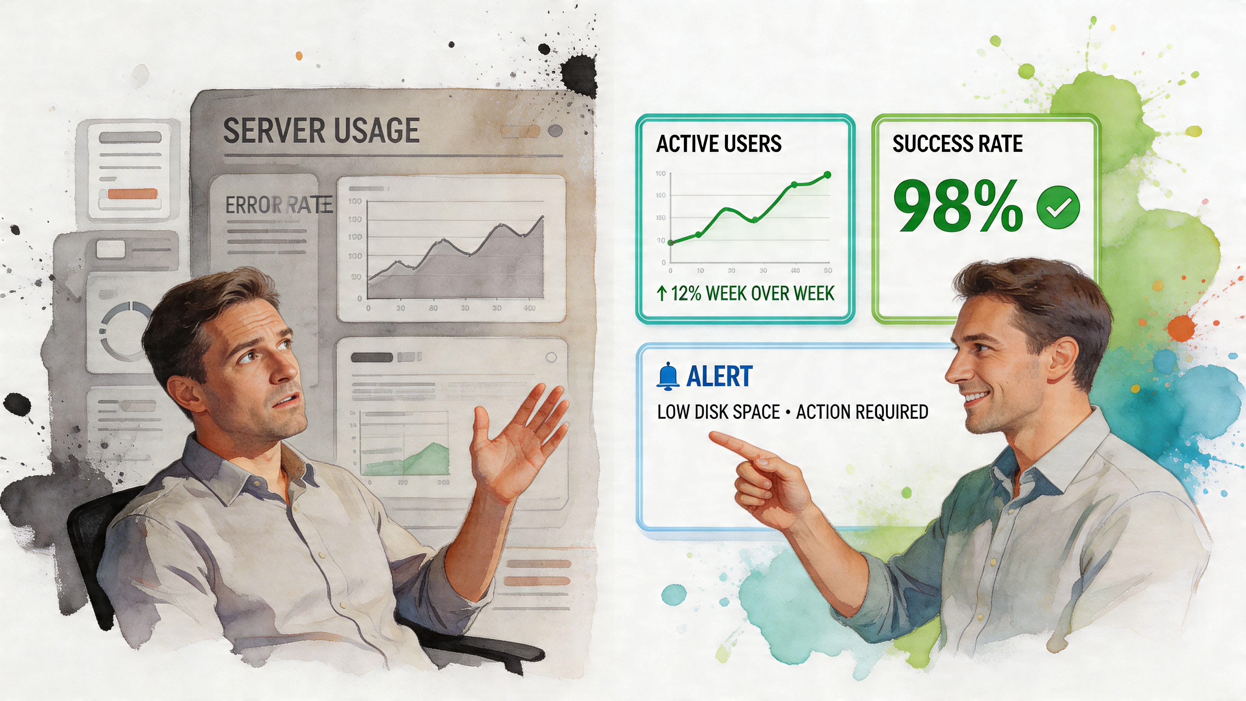 A dual-perspective illustration depicting data analysis and server monitoring with charts, success rates, and system alerts.