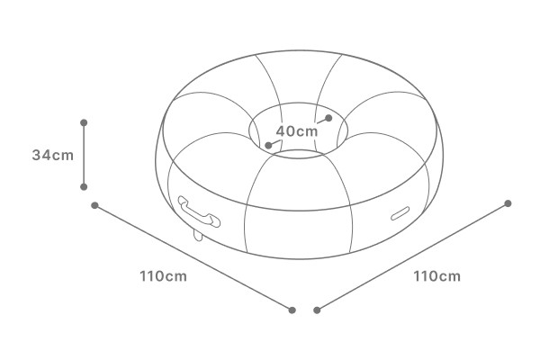 Diagram showing inflated dimensions of Oliver James luxury pool float — 100cm length, 100cm width, and 40cm height for generous adult lounging.