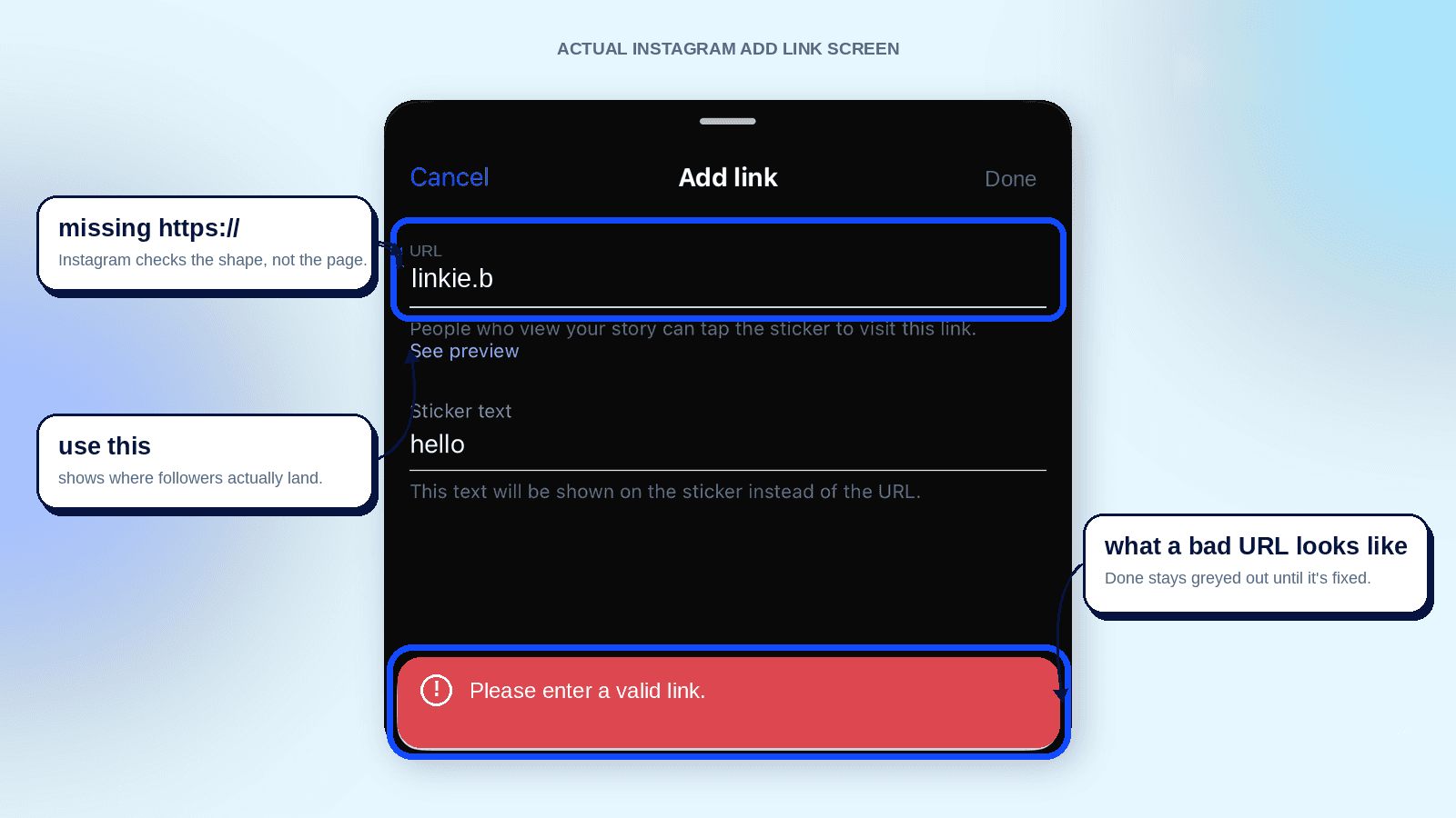 Instagram's Add link screen showing the "Please enter a valid link" error caused by a malformed URL.