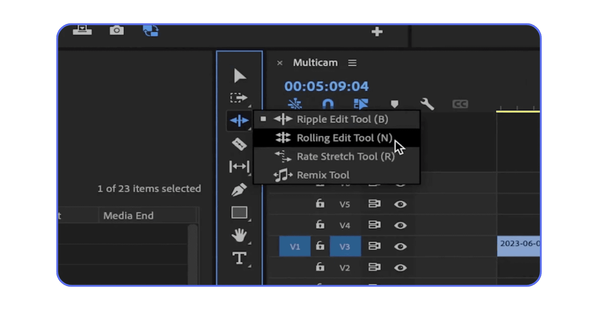 Ripple Edit Tool and Rolling Edit Tool menu in Premiere Pro selected using keyboard shortcuts