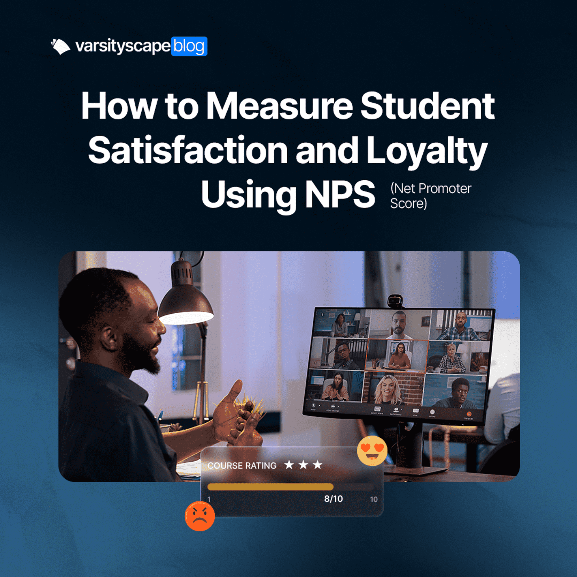 The image features the title "How to Measure Student Satisfaction and Loyalty Using NPS (Net Promoter Score)" in bold white text on a dark blue background. Below the title is the "varsityscape blog" logo. On the right, a man is smiling and gesturing while teaching a group of students on a video call. The screen shows a course rating of 8/10, with both a happy emoji with heart eyes and an angry emoji next to the rating.