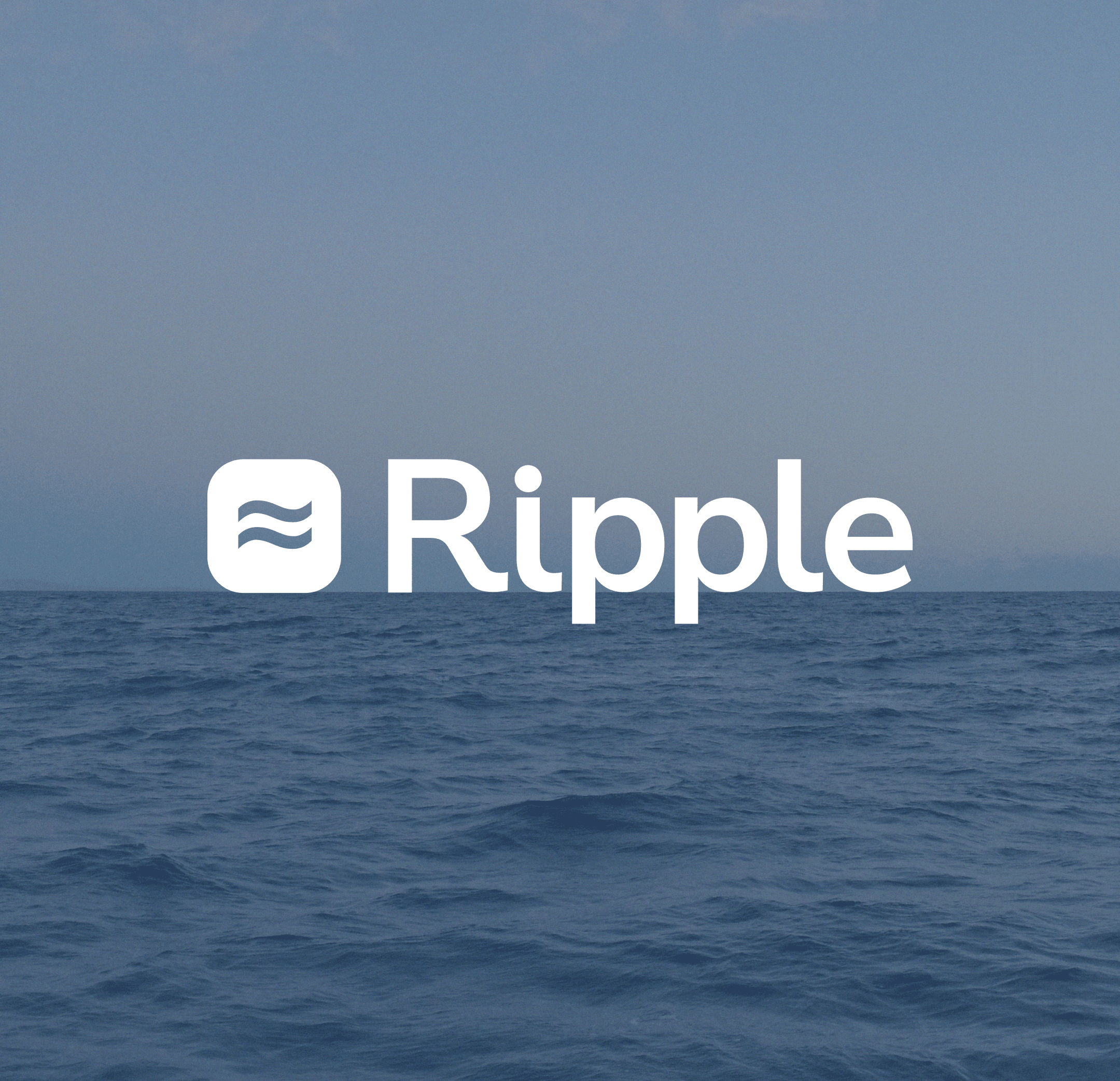 An ocean and sky scene with an overlay of the Ripple logo in white
