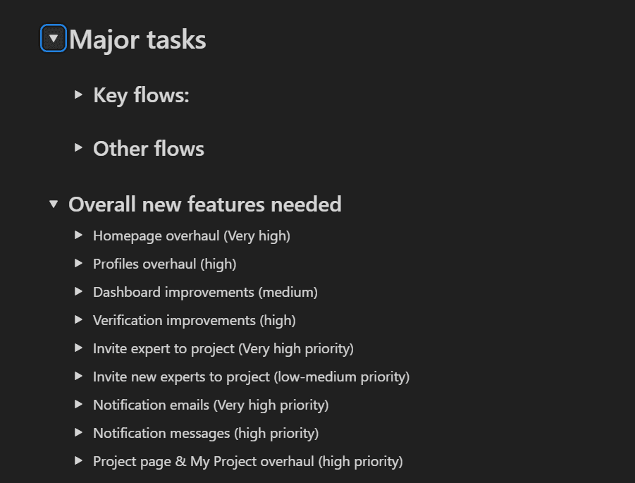A snapshot of my notion showing product improvement items.